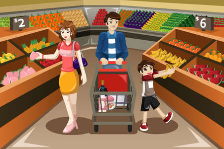 A illustration of happy family shopping fruits in a supermarketのイラスト素材