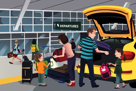 A illustration of family traveler unloading luggage outside the airportのイラスト素材