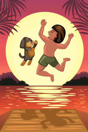 A vector illustration of boy and his dog jumping off the dockのイラスト素材