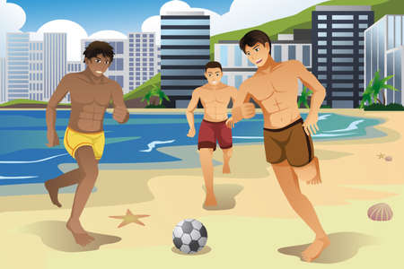 A vector illustration of young men playing soccer on the beachのイラスト素材