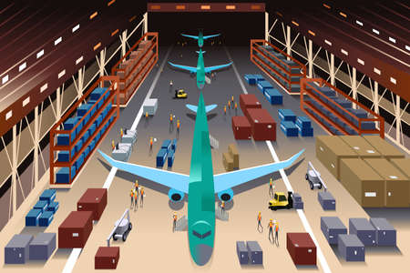 A vector illustration of workers in an airplane factoryのイラスト素材