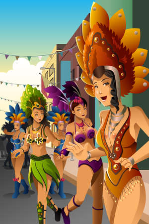 A vector illustration of dancing people in a street carnivalのイラスト素材
