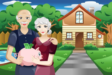 A vector illustration of retired people holding a piggybank of their savingsのイラスト素材