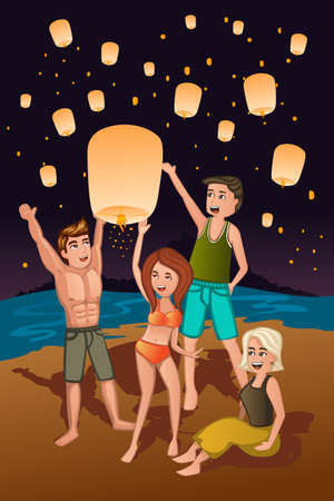 A vector illustration of young people releasing paper lanternsのイラスト素材