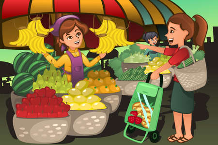 A vector illustration of fruit seller at the farmers market with a customerのイラスト素材