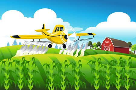 A vector illustration of crop duster flying over a field spraying pesticideのイラスト素材