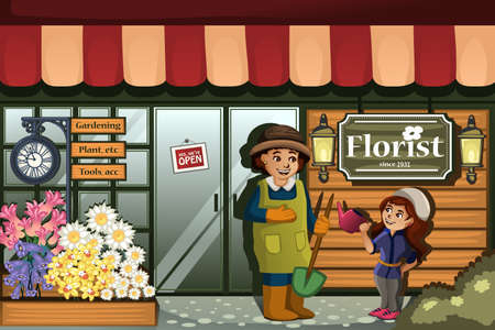 A vector illustration of gardener in a flower shop with kidのイラスト素材