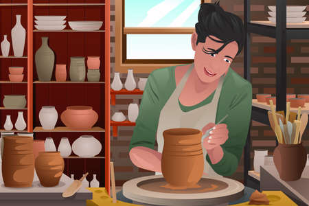 A vector illustration of stylish young woman working on a potteryのイラスト素材