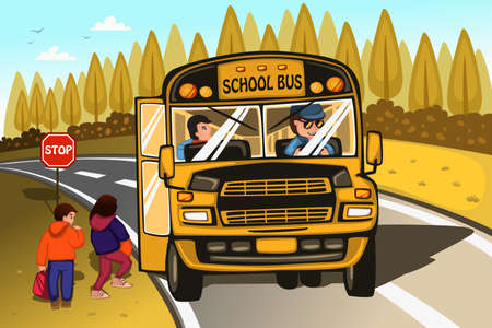 A illustration of school bus driver and kids