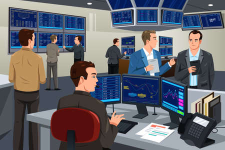 A illustration of financial stock trader working in a trading room