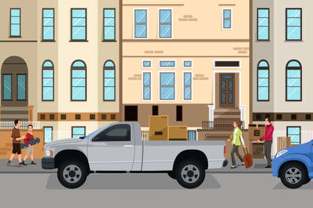 A vector illustration of moving couple loading stuff into their carのイラスト素材