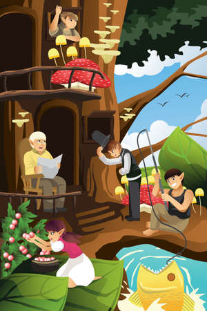 A vector illustration of Elf living in the tree houseのイラスト素材