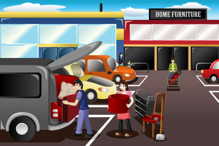A vector illustration of couple loading new furniture from the storeのイラスト素材
