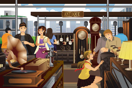 A vector illustration of people shopping  in the market of antique stuffのイラスト素材