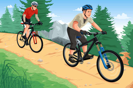 A vector illustration of people riding mountain bikes on the mountain