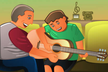 A vector illustration of father playing guitar with his sonの写真素材