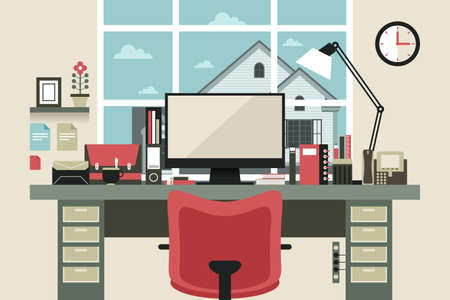 A vector illustration of modern home office interior in flat designのイラスト素材