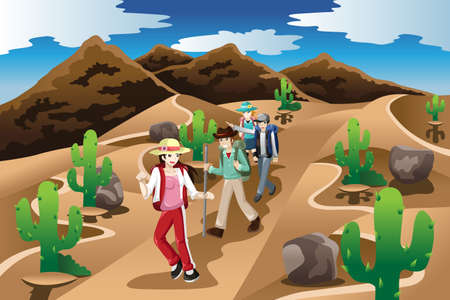 A vector illustration of people hiking in the desertのイラスト素材