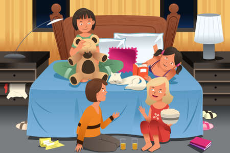 A vector illustration of young girls having a slumber partyのイラスト素材