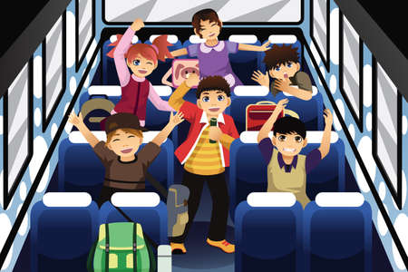 A vector illustration of school children singing and dancing inside the school busのイラスト素材