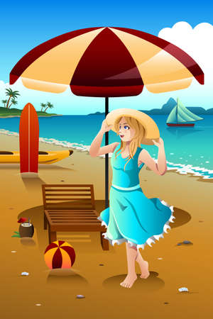 A vector illustration of little girl having summer vacation at the beachのイラスト素材