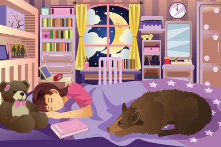 A vector illustration of girl sleeping in her room with her dogのイラスト素材
