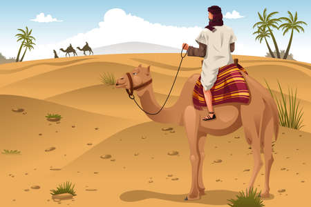 A vector illustration of Arabian riding camels on the desertのイラスト素材