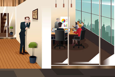 A vector illustration of businessman listening to the conversation in a meeting roomのイラスト素材