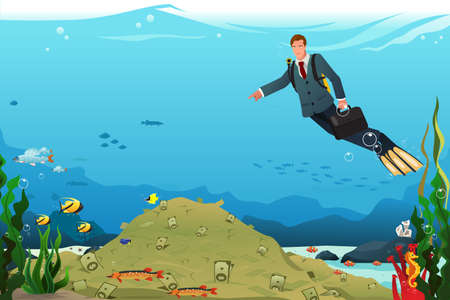 A vector illustration of businessman swimming under the water searching for moneyのイラスト素材