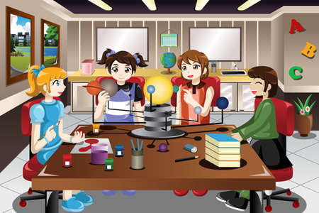 A vector illustration of elementary school students working on solar system projectのイラスト素材
