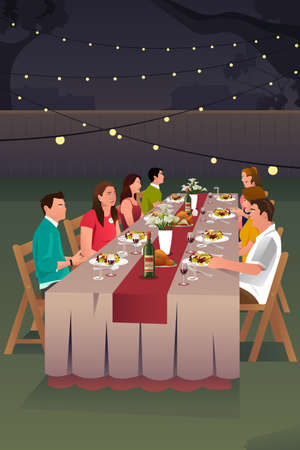 A vector illustration of people having dinner in the backyard togetherのイラスト素材