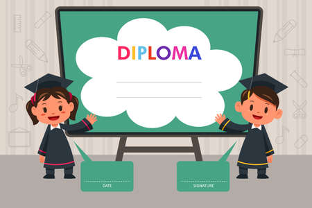 A vector illustration of elementary school kids diploma background design templateのイラスト素材