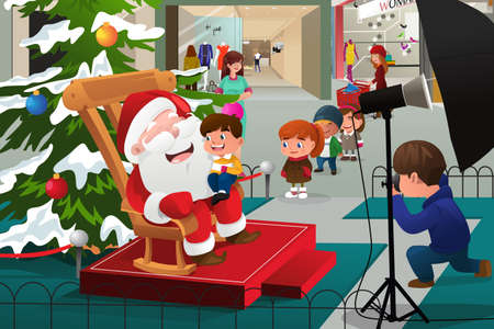 A vector illustration of kids lining up in the mall waiting to take pictures with Santa Clausのイラスト素材