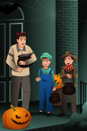 A vector illustration of little kids wearing Halloween costumes going out for trick or treatのイラスト素材