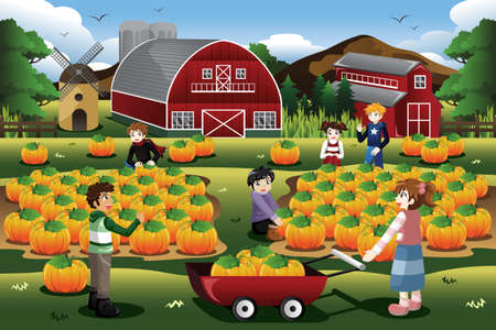A vector illustration of Kids on a pumpkin patch trip in autumn or fall seasonのイラスト素材