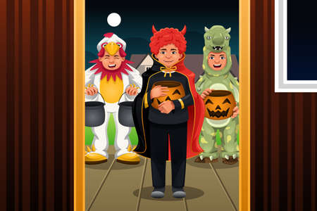 A vector illustration of little kids wearing Halloween costumes going out for trick or treatのイラスト素材