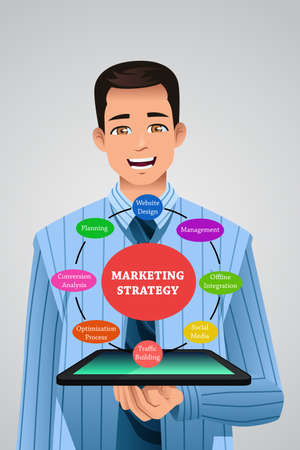 A vector illustration of businessman showing marketing strategy from his tabletのイラスト素材