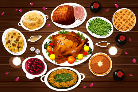 A vector illustration of food of thanksgiving dinner on the table viewed from aboveのイラスト素材