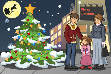 A vector illustration of family celebrating Christmas on a snowy dayのイラスト素材