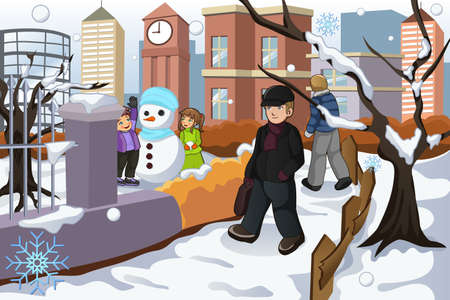 A vector illustration of people walking in the park during winterのイラスト素材
