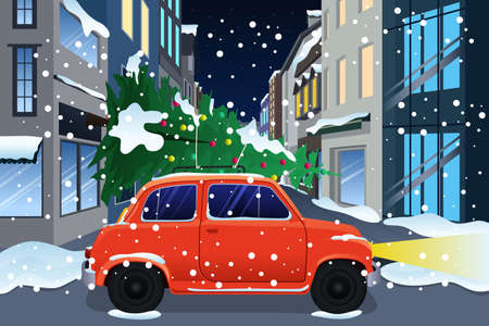 A vector illustration of car carrying Christmas treeのイラスト素材