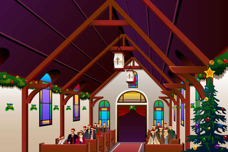 A vector illustration of people celebrating Christmas Eve inside the churchのイラスト素材