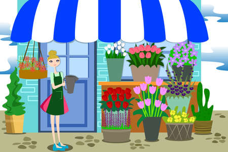 A vector illustration of beautiful florist working with bunch of different flowers in the flower shopのイラスト素材
