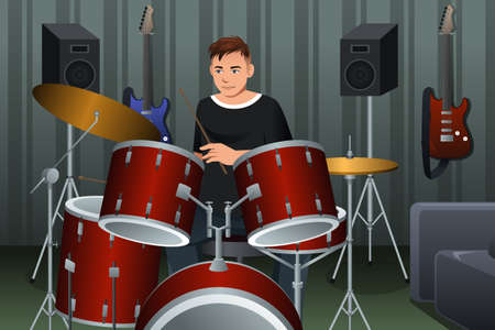A vector illustration of man playing drum in studioのイラスト素材