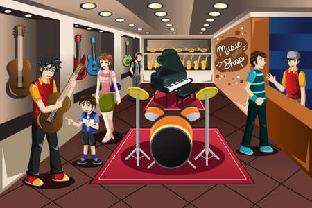 A vector illustration of parents with their kid buying musical instrument in a music storeのイラスト素材