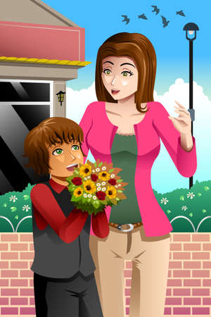 A vector illustration of happy girl giving bouquet of flowers to her beautiful motherのイラスト素材