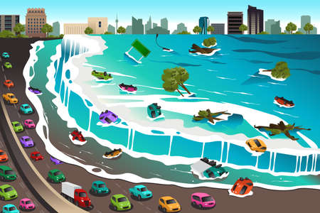 A vector illustration of giant tsunami waves crashing townのイラスト素材