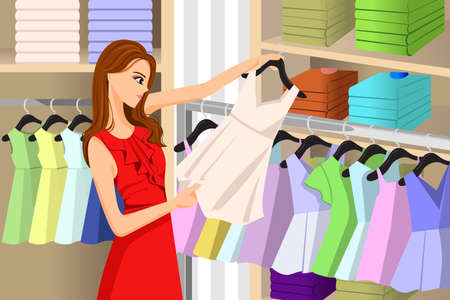 A vector illustration of beautiful girl buying clothes at a clothing storeのイラスト素材