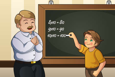A vector illustration of student solving math problem on the blackboard in class with the teacherのイラスト素材