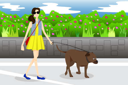 A vector illustration of modern girl walking with her dog in the parkのイラスト素材